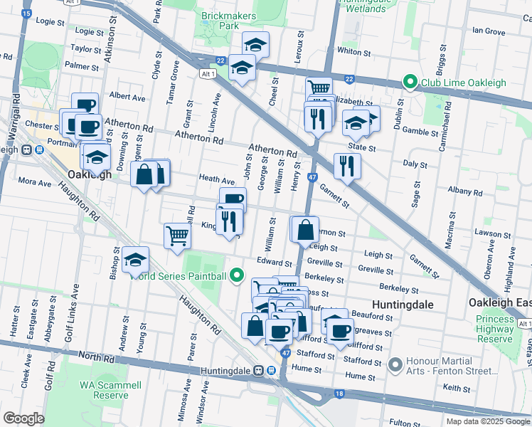 map of restaurants, bars, coffee shops, grocery stores, and more near 110 Burlington Street in Oakleigh