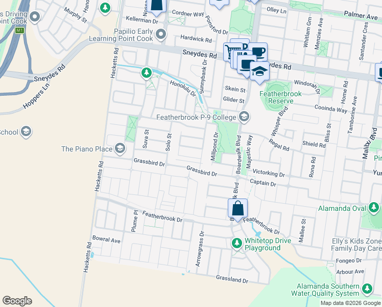 map of restaurants, bars, coffee shops, grocery stores, and more near 8 Littlecroft Street in Point Cook