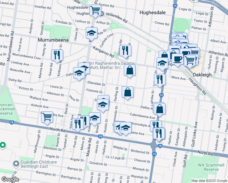 map of restaurants, bars, coffee shops, grocery stores, and more near 39 Darling Street in Hughesdale