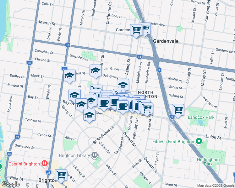 map of restaurants, bars, coffee shops, grocery stores, and more near 17 Rooding Street in Brighton