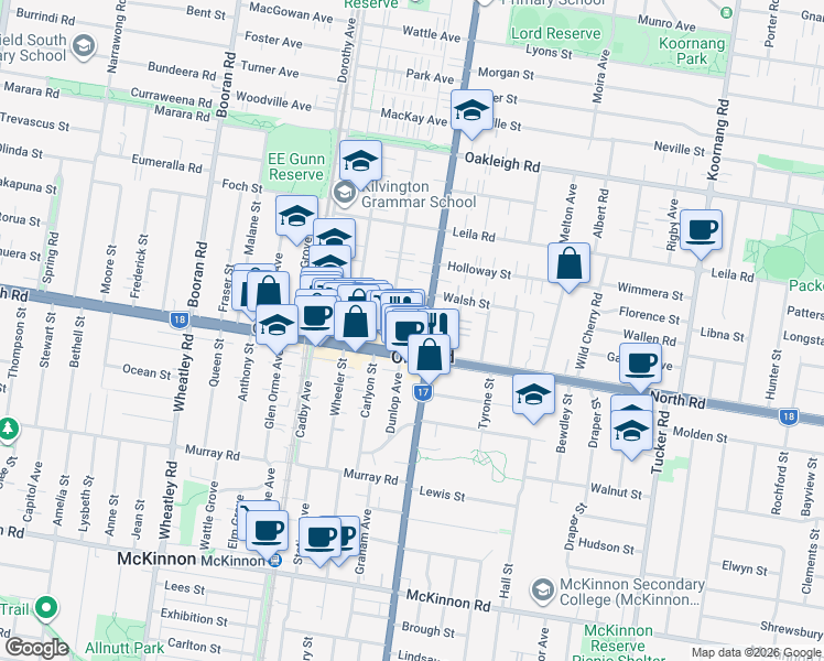 map of restaurants, bars, coffee shops, grocery stores, and more near 307 Grange Road in Ormond