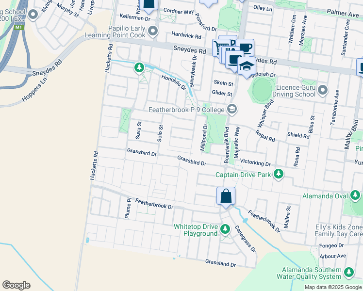 map of restaurants, bars, coffee shops, grocery stores, and more near 8 Littlecroft Street in Point Cook
