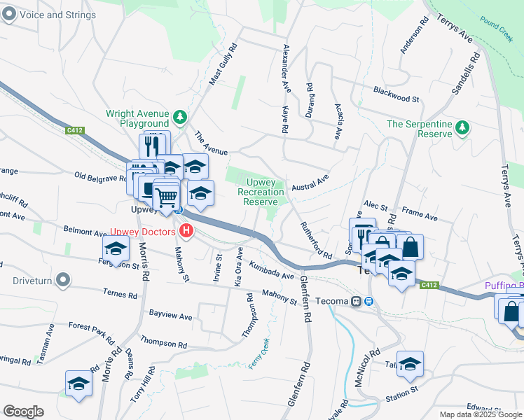 map of restaurants, bars, coffee shops, grocery stores, and more near 2 Chosen Avenue in Upwey