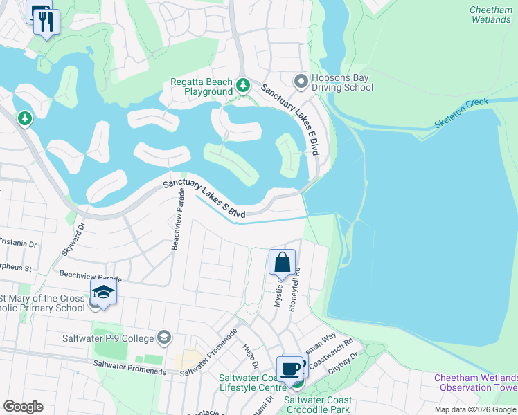 map of restaurants, bars, coffee shops, grocery stores, and more near 225 Sanctuary Lakes South Boulevard in Point Cook