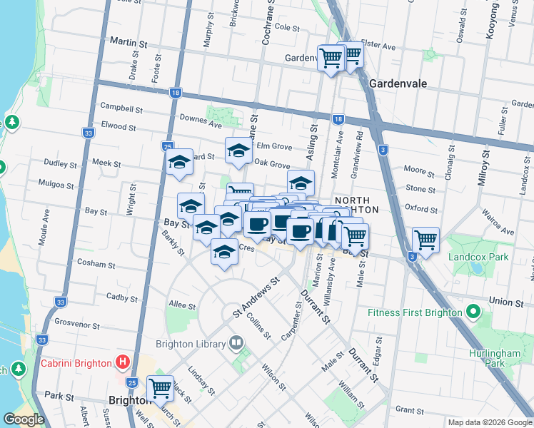map of restaurants, bars, coffee shops, grocery stores, and more near 18 Cochrane Street in Brighton