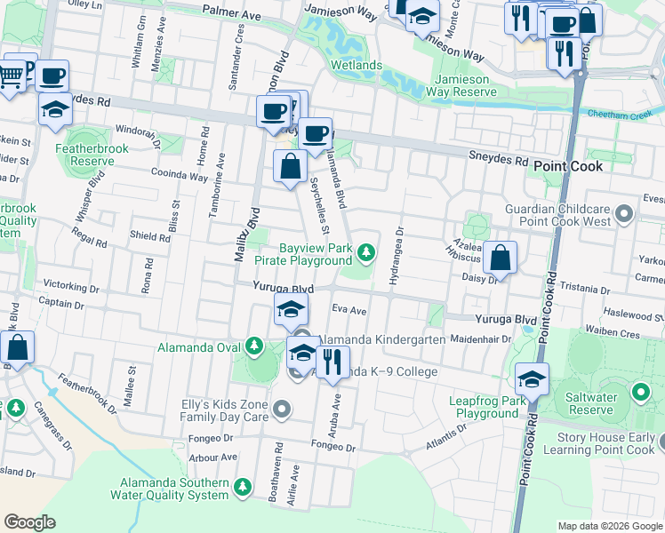 map of restaurants, bars, coffee shops, grocery stores, and more near 54 Alamanda Boulevard in Point Cook
