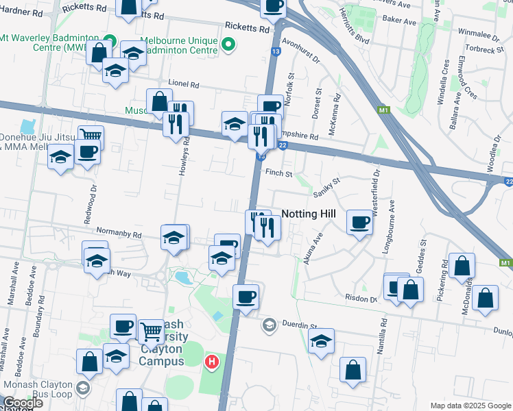map of restaurants, bars, coffee shops, grocery stores, and more near 660 Blackburn Road in Notting Hill