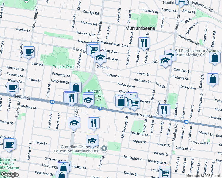 map of restaurants, bars, coffee shops, grocery stores, and more near 9 Kinlock Avenue in Murrumbeena