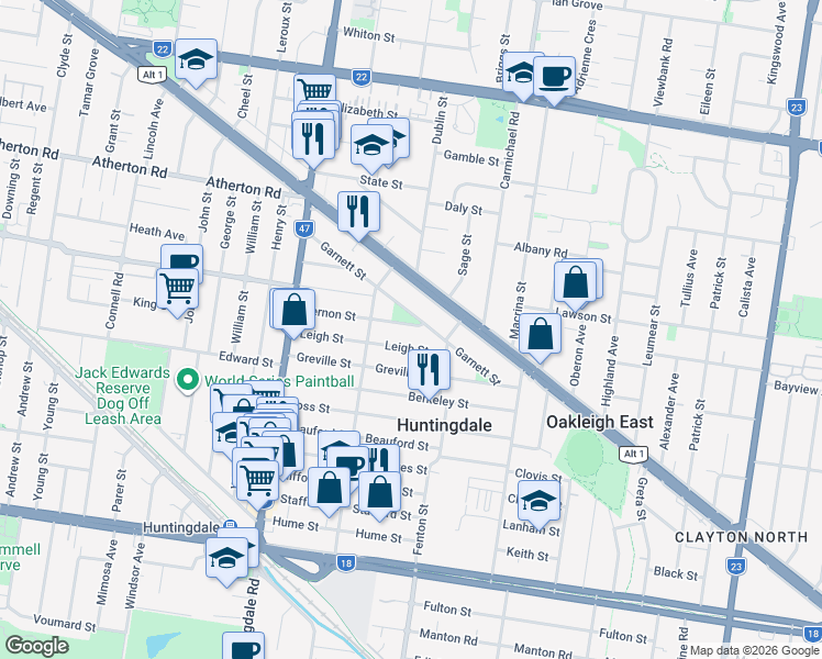 map of restaurants, bars, coffee shops, grocery stores, and more near 40 Vernon Street in Huntingdale
