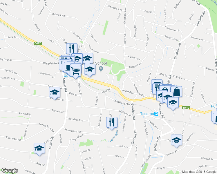 map of restaurants, bars, coffee shops, grocery stores, and more near 1478 Burwood Highway in Upwey