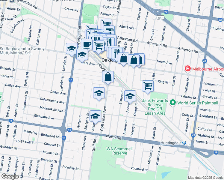 map of restaurants, bars, coffee shops, grocery stores, and more near 10 Golf Links Avenue in Oakleigh