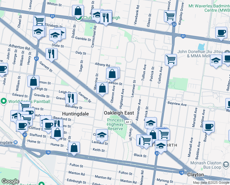 map of restaurants, bars, coffee shops, grocery stores, and more near 8 Oberon Avenue in Oakleigh East