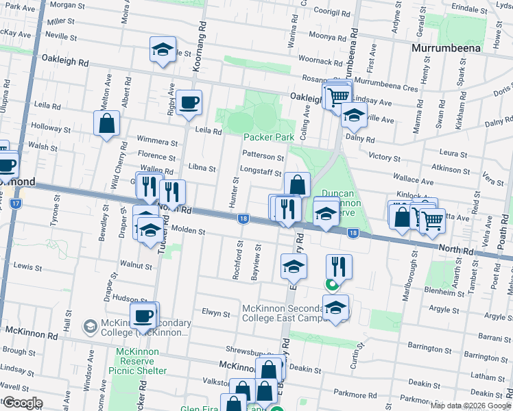 map of restaurants, bars, coffee shops, grocery stores, and more near 6 Huntingfield Court in Carnegie