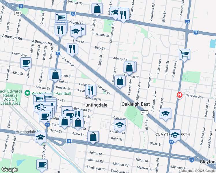 map of restaurants, bars, coffee shops, grocery stores, and more near 1626 Dandenong Road in Huntingdale