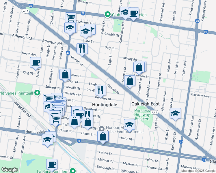 map of restaurants, bars, coffee shops, grocery stores, and more near 2 Fenton Street in Huntingdale