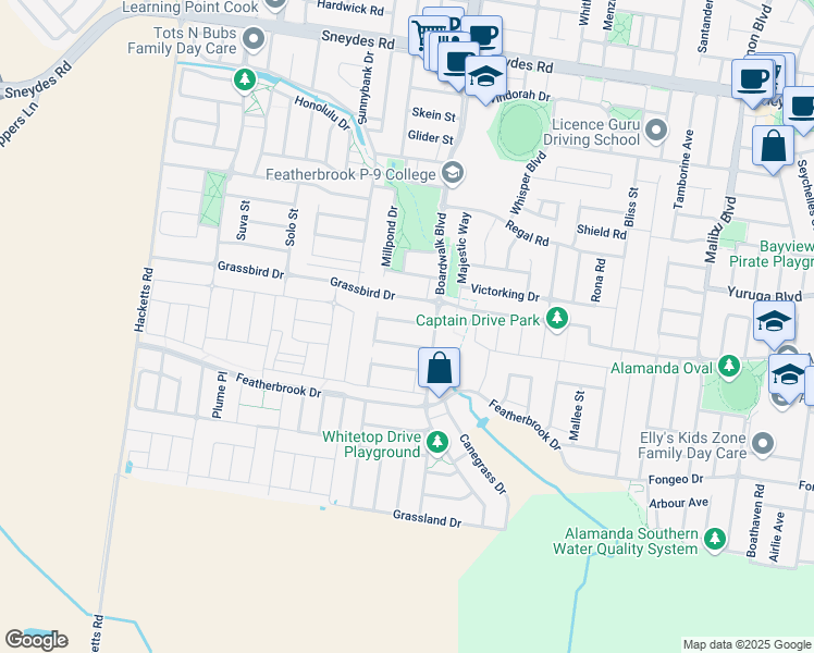 map of restaurants, bars, coffee shops, grocery stores, and more near 36 Landing Place in Point Cook