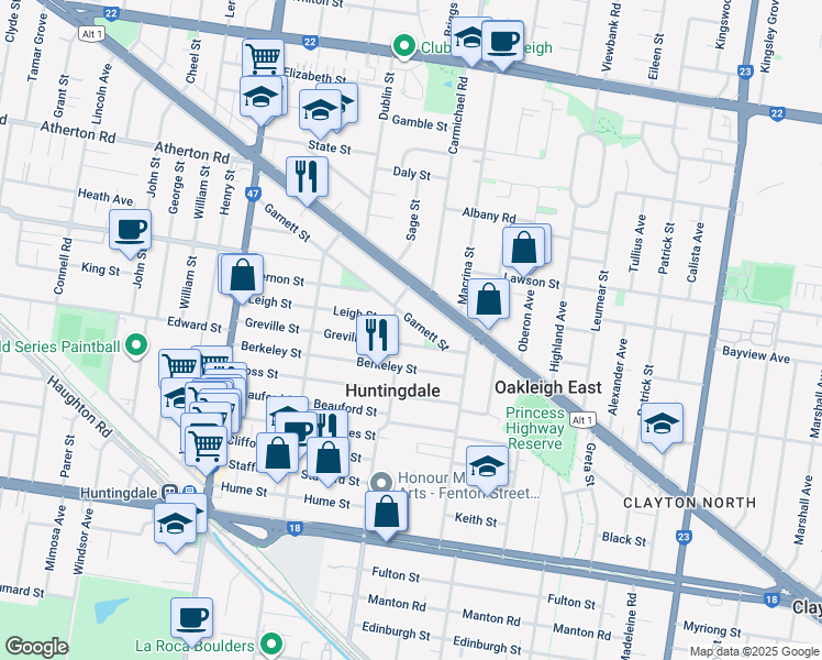 map of restaurants, bars, coffee shops, grocery stores, and more near 14 Garnett Street in Huntingdale