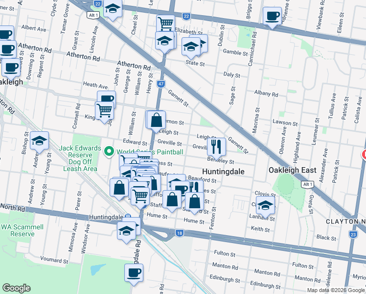 map of restaurants, bars, coffee shops, grocery stores, and more near 15 Shafton Street in Huntingdale