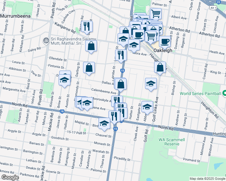 map of restaurants, bars, coffee shops, grocery stores, and more near 49 Calembeena Avenue in Hughesdale