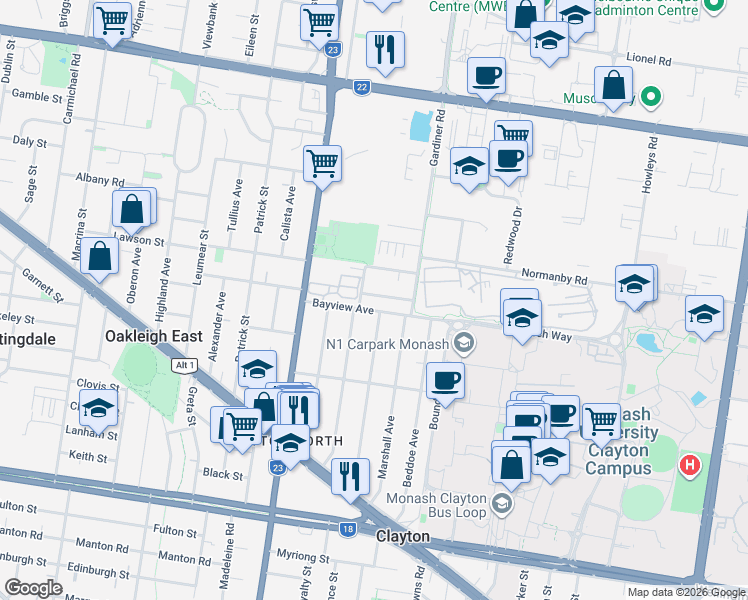 map of restaurants, bars, coffee shops, grocery stores, and more near 2 Florence Avenue in Clayton