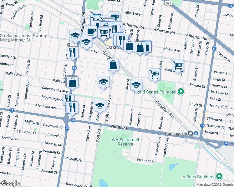map of restaurants, bars, coffee shops, grocery stores, and more near 4 Mead Court in Oakleigh