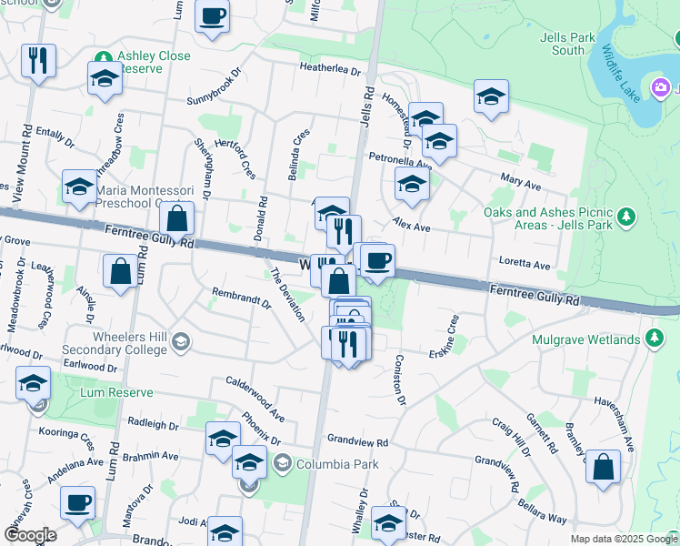 map of restaurants, bars, coffee shops, grocery stores, and more near Jells Road in Wheelers Hill