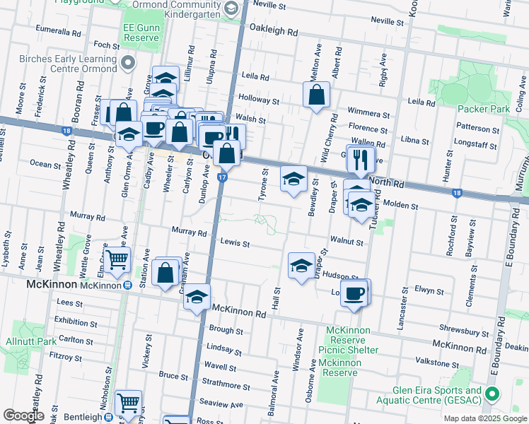 map of restaurants, bars, coffee shops, grocery stores, and more near 22 Tyrone Street in Ormond