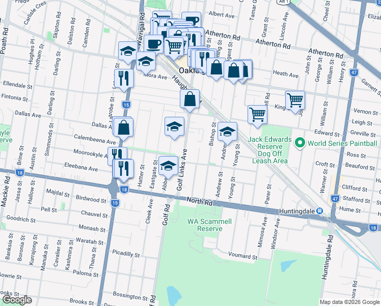 map of restaurants, bars, coffee shops, grocery stores, and more near 34 Golf Links Avenue in Oakleigh