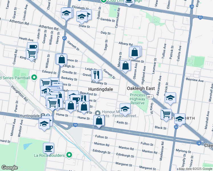 map of restaurants, bars, coffee shops, grocery stores, and more near 50 Berkeley Street in Huntingdale