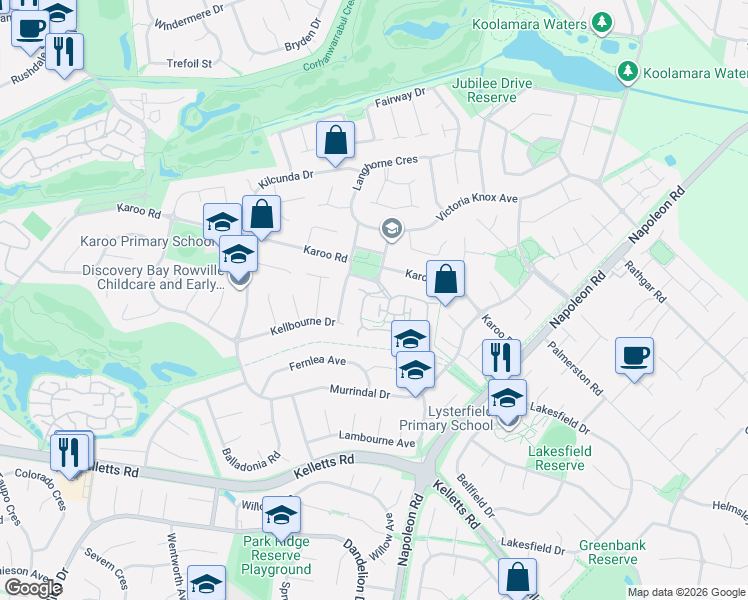 map of restaurants, bars, coffee shops, grocery stores, and more near 87 Sovereign Manors Crescent in Rowville