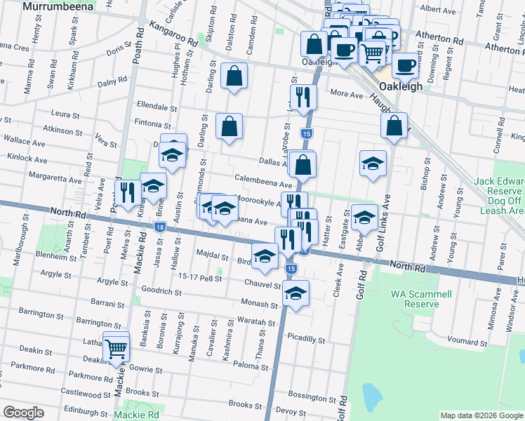 map of restaurants, bars, coffee shops, grocery stores, and more near 38 Moorookyle Avenue in Hughesdale