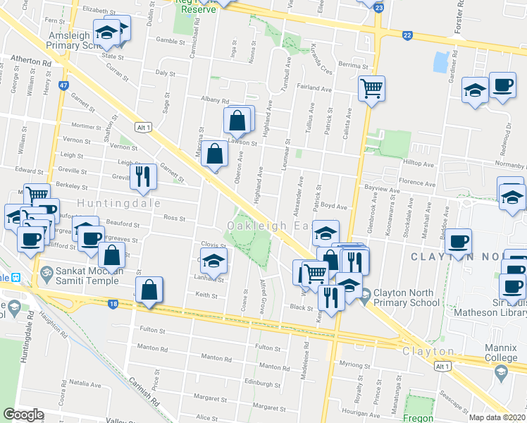 map of restaurants, bars, coffee shops, grocery stores, and more near 1841 Dandenong Road in Oakleigh East