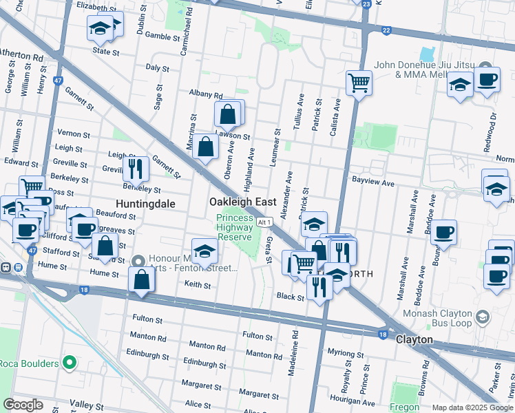 map of restaurants, bars, coffee shops, grocery stores, and more near 1843 Princes Highway Service Road in Oakleigh East