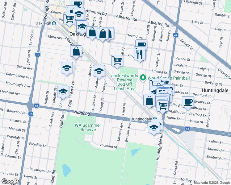 map of restaurants, bars, coffee shops, grocery stores, and more near 7 Gadd Street in Oakleigh