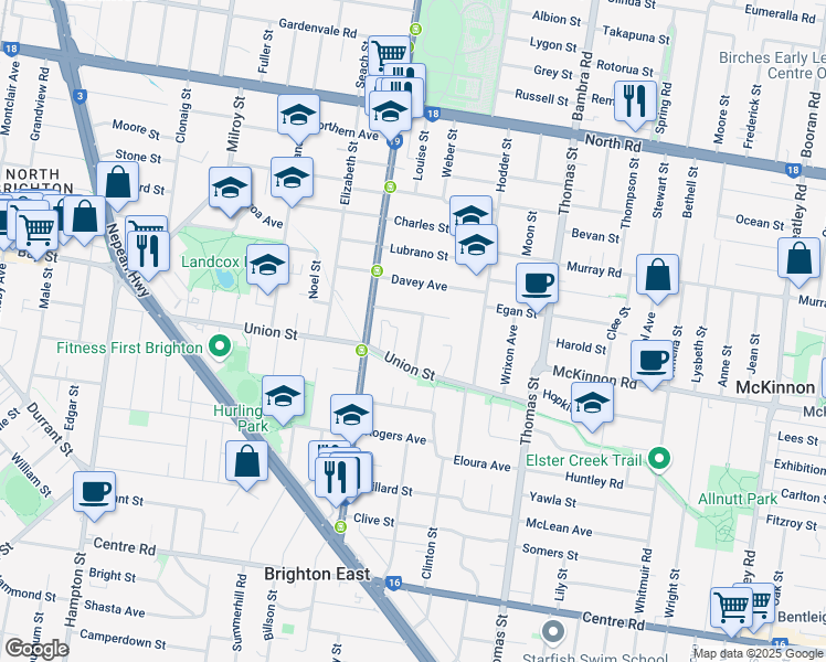 map of restaurants, bars, coffee shops, grocery stores, and more near 9 Mackie Grove in Brighton East