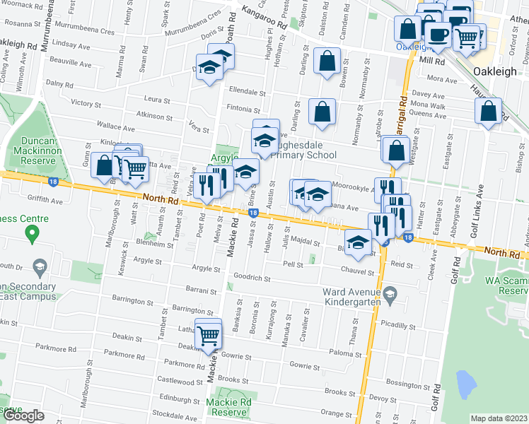 map of restaurants, bars, coffee shops, grocery stores, and more near 1055 North Road in Hughesdale