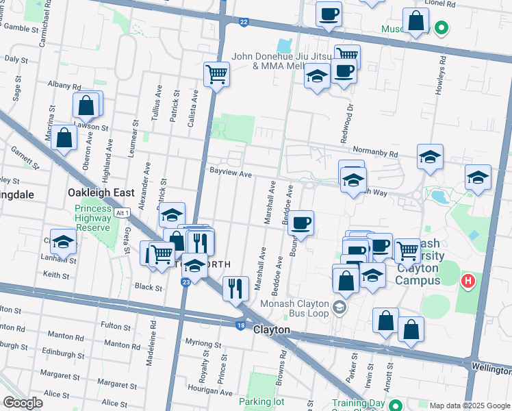 map of restaurants, bars, coffee shops, grocery stores, and more near 18 Stockdale Avenue in Clayton
