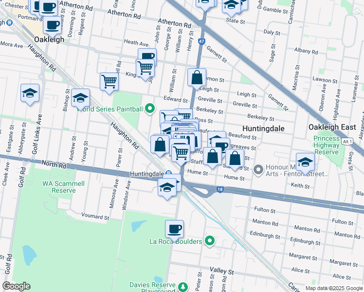 map of restaurants, bars, coffee shops, grocery stores, and more near 271 Huntingdale Road in Oakleigh