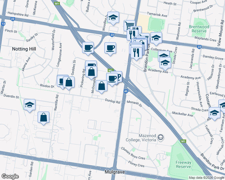 map of restaurants, bars, coffee shops, grocery stores, and more near 1 Nexus Court in Mulgrave