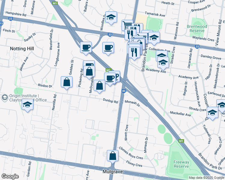 map of restaurants, bars, coffee shops, grocery stores, and more near 1 Nexus Court in Mulgrave