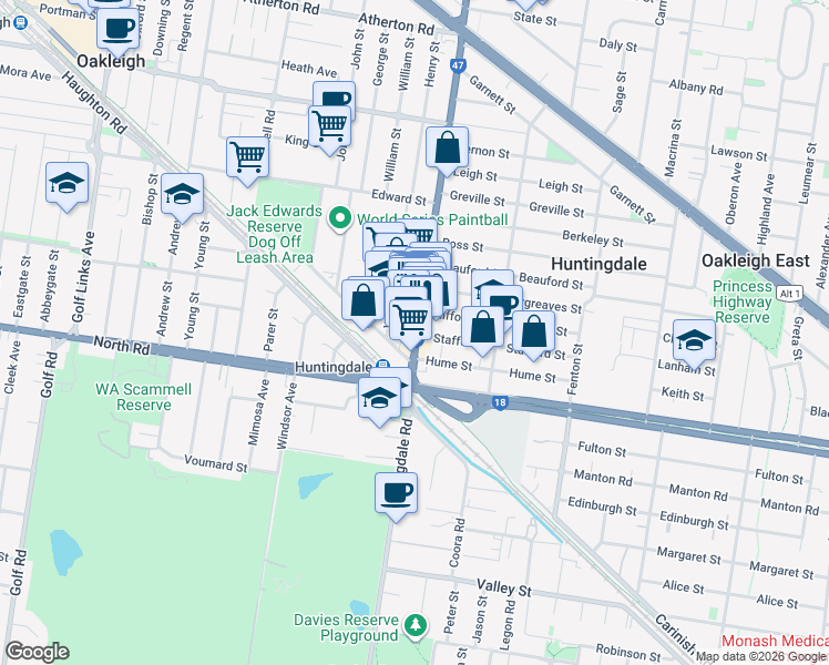map of restaurants, bars, coffee shops, grocery stores, and more near 301 Huntingdale Road in Oakleigh