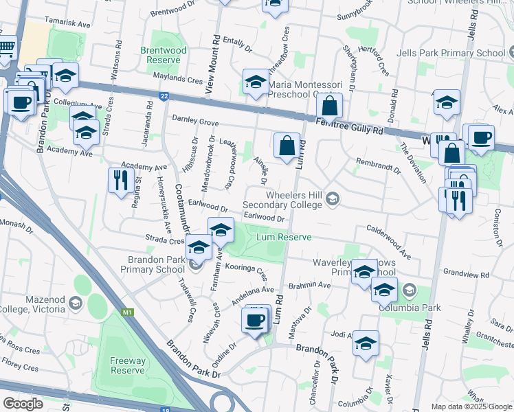 map of restaurants, bars, coffee shops, grocery stores, and more near 1 Harley Place in Wheelers Hill