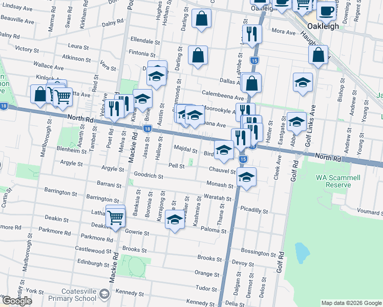 map of restaurants, bars, coffee shops, grocery stores, and more near 12 Majdal Street in Bentleigh East