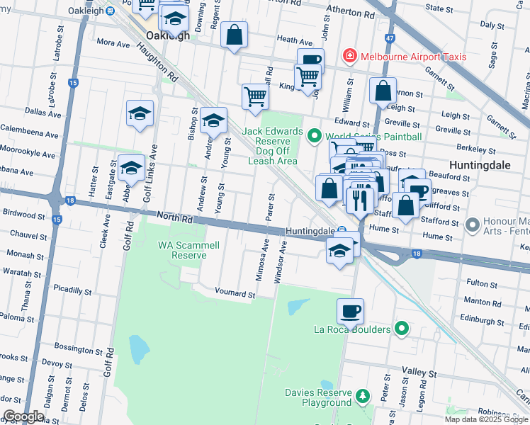 map of restaurants, bars, coffee shops, grocery stores, and more near 21 Parer Street in Oakleigh