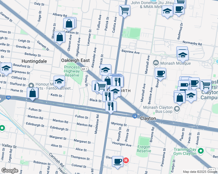 map of restaurants, bars, coffee shops, grocery stores, and more near 1970 Dandenong Road in Oakleigh East