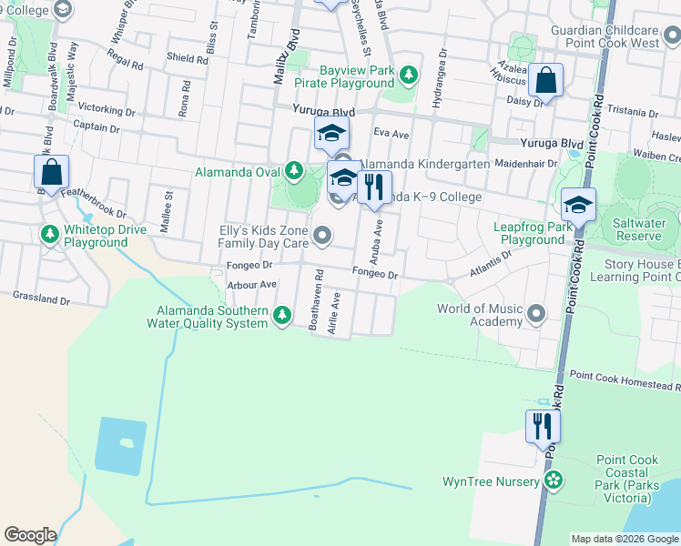 map of restaurants, bars, coffee shops, grocery stores, and more near 53 Fongeo Drive in Point Cook