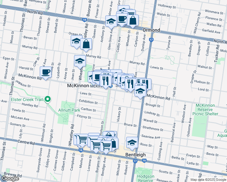 map of restaurants, bars, coffee shops, grocery stores, and more near 162 McKinnon Road in McKinnon