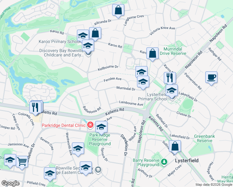 map of restaurants, bars, coffee shops, grocery stores, and more near 8 Settlers Court in Rowville