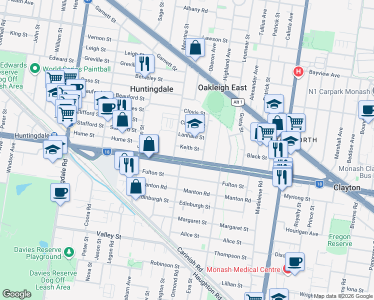 map of restaurants, bars, coffee shops, grocery stores, and more near 10 Keith Street in Oakleigh East