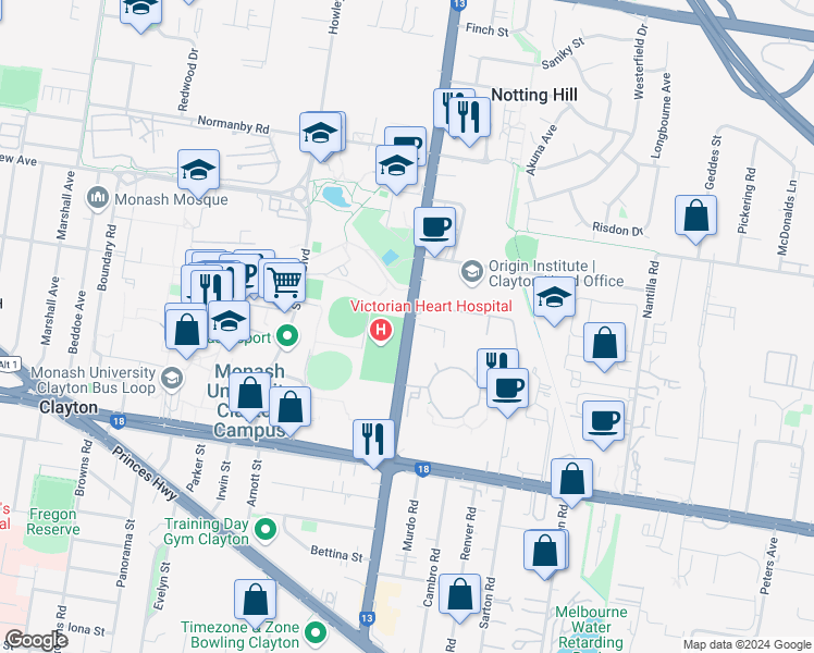 map of restaurants, bars, coffee shops, grocery stores, and more near Blackburn Road in Clayton